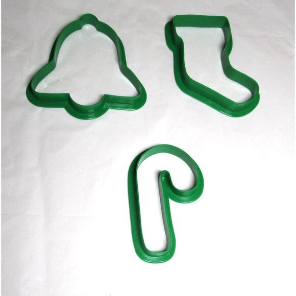 Wilton Cookie Cutters Christmas Theme Green Plastic Set of 3 Bell Stocking Cane - Picture 1 of 2